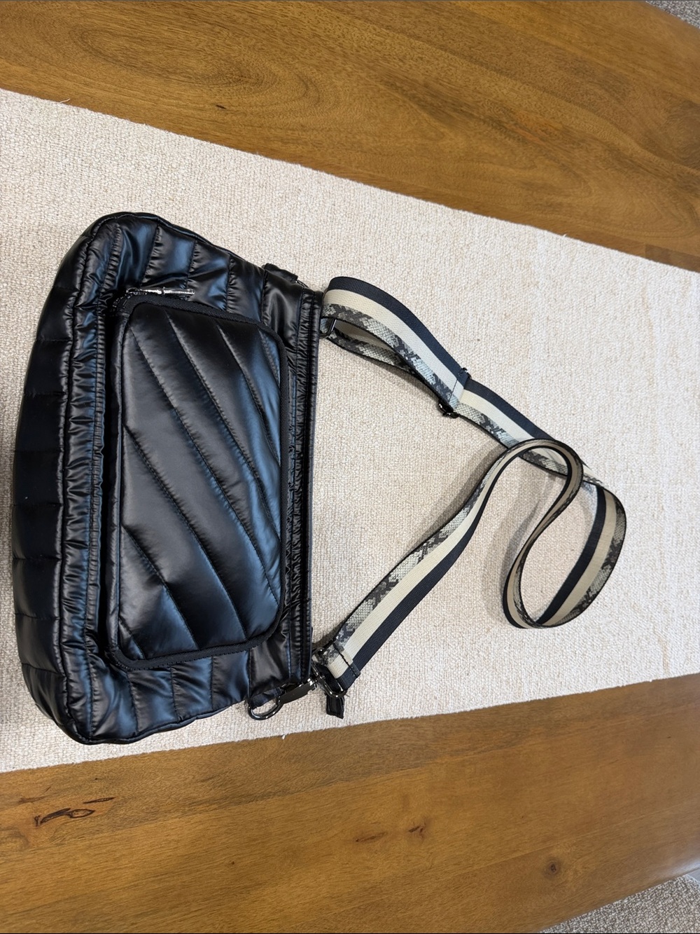 Think Royln - Black Quilted Crossbody Bag with Striped Strap